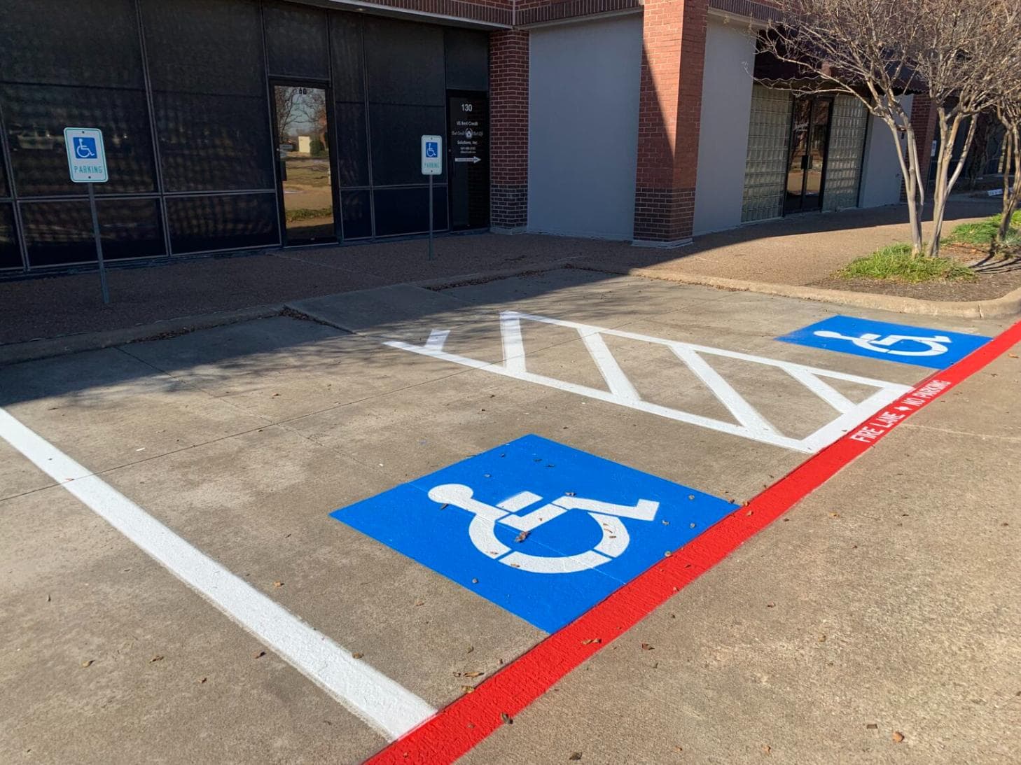 Accessible parking spaces with blue ADA markings and access aisles