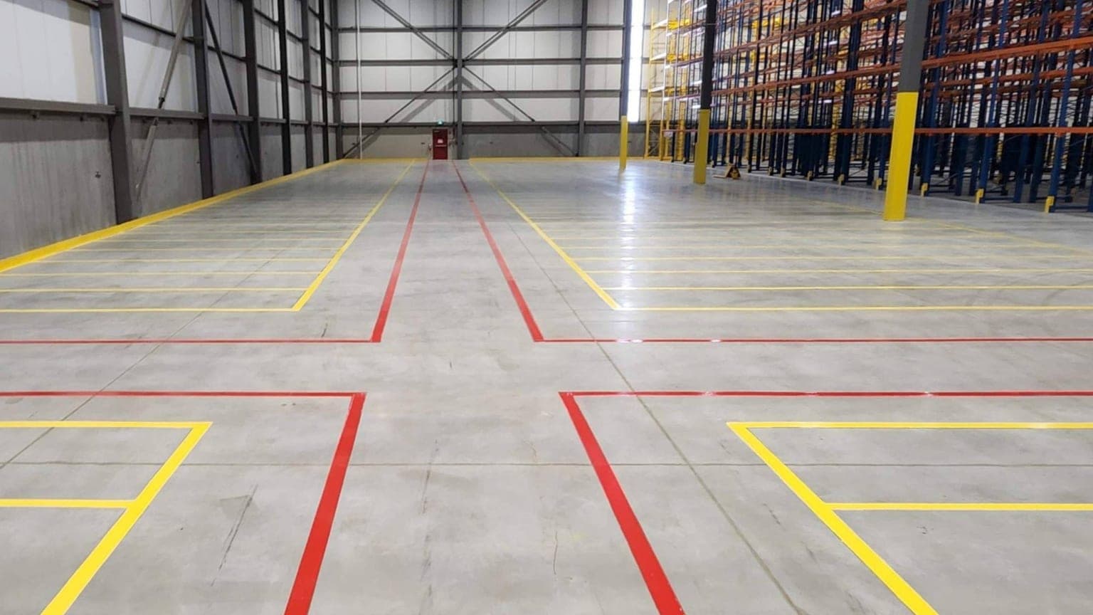 Warehouse floor with red and yellow industrial striping and aisle markings